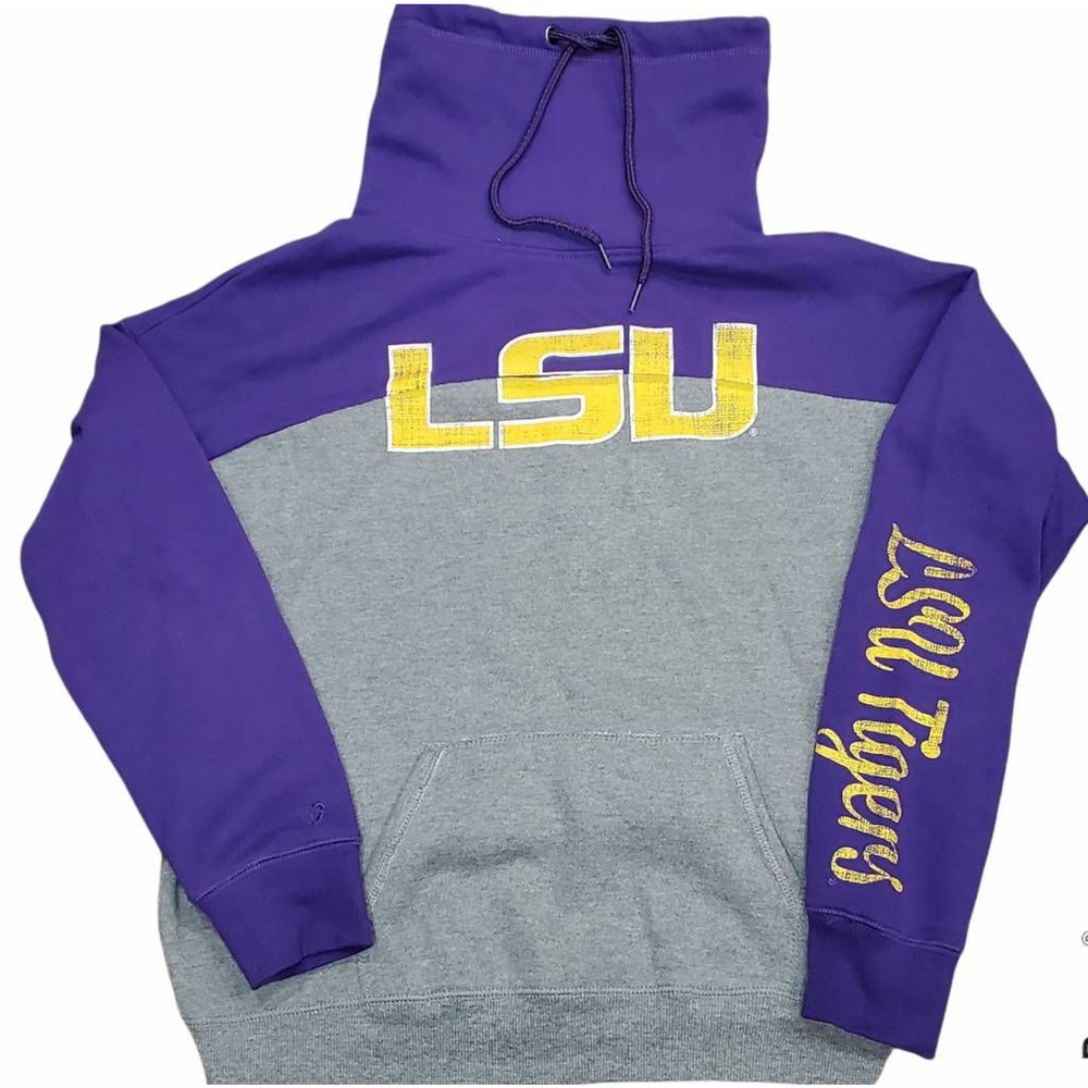 LSU Tigers Colosseum Mens Pullover Sweatshirt Gray Color Block Drawstring Size M